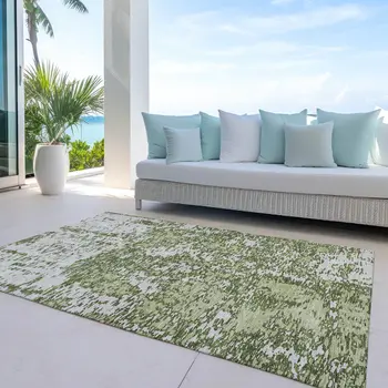 8' X 10' Olive Green And Ivory Abstract Washable Indoor Outdoor Area Rug