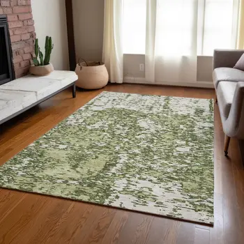 9' X 12' Olive Green And Ivory Abstract Washable Indoor Outdoor Area Rug