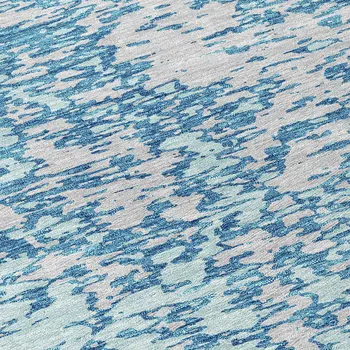 8' Teal Blue And Ivory Round Abstract Washable Indoor Outdoor Area Rug