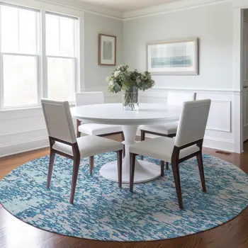 8' Teal Blue And Ivory Round Abstract Washable Indoor Outdoor Area Rug