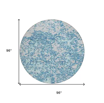 8' Teal Blue And Ivory Round Abstract Washable Indoor Outdoor Area Rug