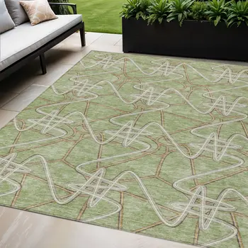 5' X 8' Sage Ivory And Brown Geometric Washable Indoor Outdoor Area Rug