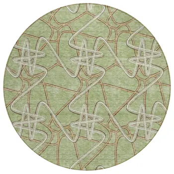 8' Sage Ivory And Brown Round Geometric Washable Indoor Outdoor Area Rug