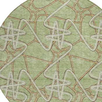 8' Sage Ivory And Brown Round Geometric Washable Indoor Outdoor Area Rug