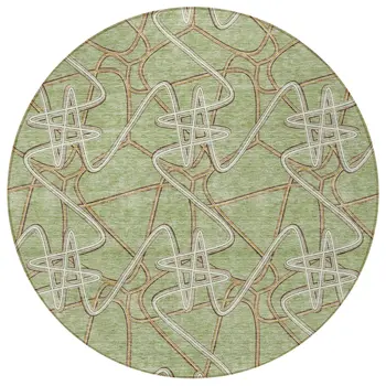 8' Sage Ivory And Brown Round Geometric Washable Indoor Outdoor Area Rug