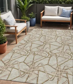5' X 8' Beige Ivory And Brown Geometric Washable Indoor Outdoor Area Rug