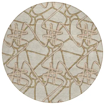 8' Beige Ivory And Brown Round Geometric Washable Indoor Outdoor Area Rug