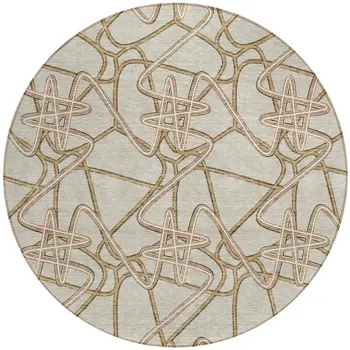 8' Beige Ivory And Brown Round Geometric Washable Indoor Outdoor Area Rug