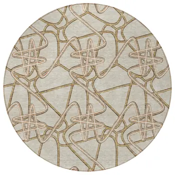 8' Beige Ivory And Brown Round Geometric Washable Indoor Outdoor Area Rug