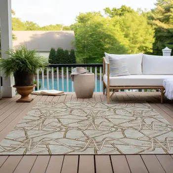 9' X 12' Beige Ivory And Brown Geometric Washable Indoor Outdoor Area Rug