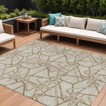 10' X 14' Beige Ivory And Brown Geometric Washable Indoor Outdoor Area Rug
