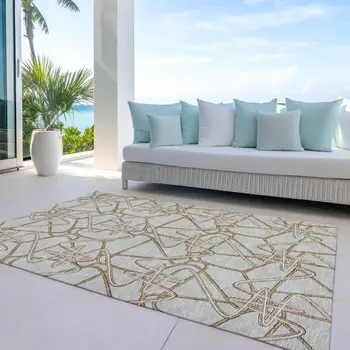 10' X 14' Beige Ivory And Brown Geometric Washable Indoor Outdoor Area Rug