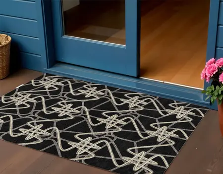 3' X 5' Black Ivory And Brown Geometric Washable Indoor Outdoor Area Rug