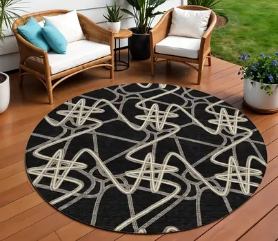 8' Black Ivory And Brown Round Geometric Washable Indoor Outdoor Area Rug