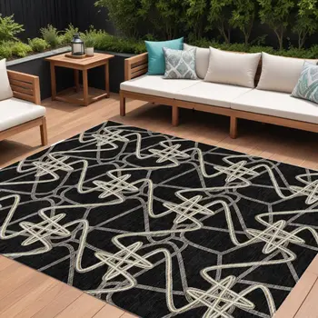9' X 12' Black Ivory And Brown Geometric Washable Indoor Outdoor Area Rug