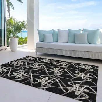 10' X 14' Black Ivory And Brown Geometric Washable Indoor Outdoor Area Rug