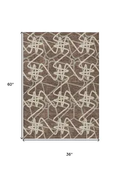 3' X 5' Brown Ivory And Gold Geometric Washable Indoor Outdoor Area Rug