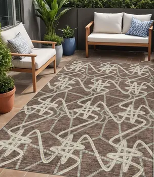 5' X 8' Brown Ivory And Gold Geometric Washable Indoor Outdoor Area Rug