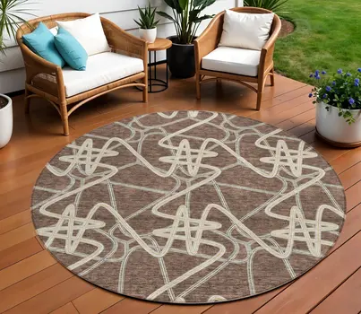 8' Brown Ivory And Gold Round Geometric Washable Indoor Outdoor Area Rug