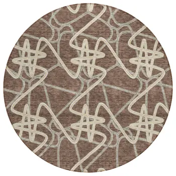 8' Brown Ivory And Gold Round Geometric Washable Indoor Outdoor Area Rug