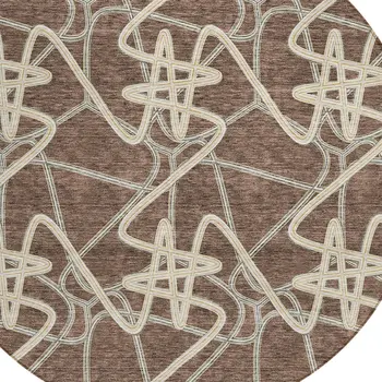 8' Brown Ivory And Gold Round Geometric Washable Indoor Outdoor Area Rug