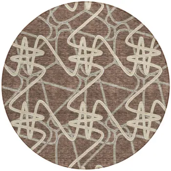 8' Brown Ivory And Gold Round Geometric Washable Indoor Outdoor Area Rug