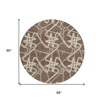 8' Brown Ivory And Gold Round Geometric Washable Indoor Outdoor Area Rug