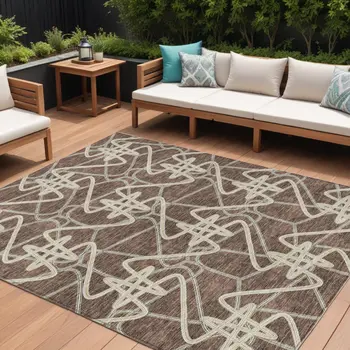10' X 14' Brown Ivory And Gold Geometric Washable Indoor Outdoor Area Rug