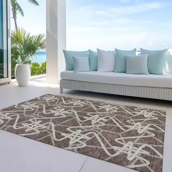10' X 14' Brown Ivory And Gold Geometric Washable Indoor Outdoor Area Rug