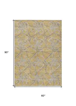 5' X 8' Gold Ivory And Charcoal Geometric Washable Indoor Outdoor Area Rug