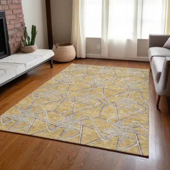 5' X 8' Gold Ivory And Charcoal Geometric Washable Indoor Outdoor Area Rug