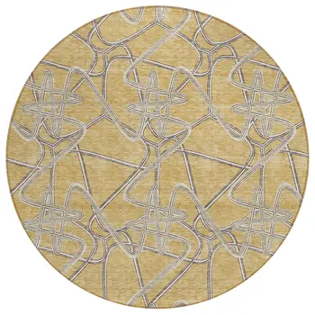 8' Gold Ivory And Charcoal Round Geometric Washable Indoor Outdoor Area Rug