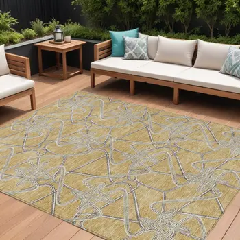 10' X 14' Gold Ivory And Charcoal Geometric Washable Indoor Outdoor Area Rug