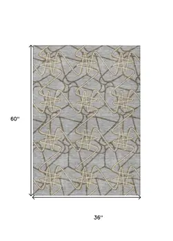 3' X 5' Gray Ivory And Gold Geometric Washable Indoor Outdoor Area Rug