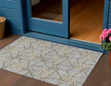 3' X 5' Gray Ivory And Gold Geometric Washable Indoor Outdoor Area Rug