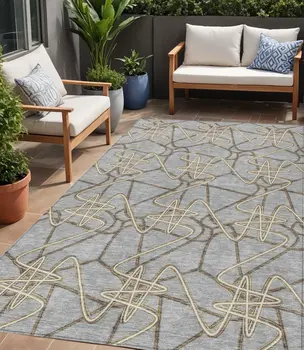 5' X 8' Gray Ivory And Gold Geometric Washable Indoor Outdoor Area Rug