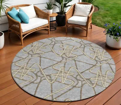 8' Gray Ivory And Gold Round Geometric Washable Indoor Outdoor Area Rug