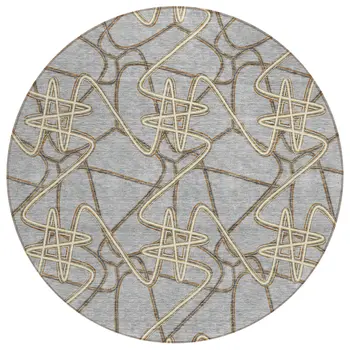 8' Gray Ivory And Gold Round Geometric Washable Indoor Outdoor Area Rug