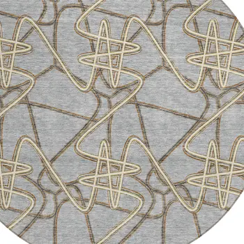 8' Gray Ivory And Gold Round Geometric Washable Indoor Outdoor Area Rug