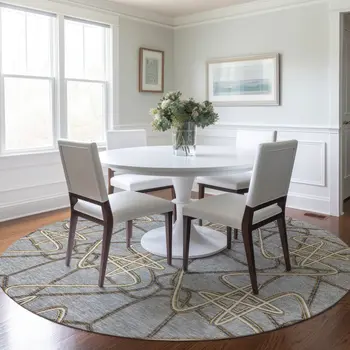 8' Gray Ivory And Gold Round Geometric Washable Indoor Outdoor Area Rug
