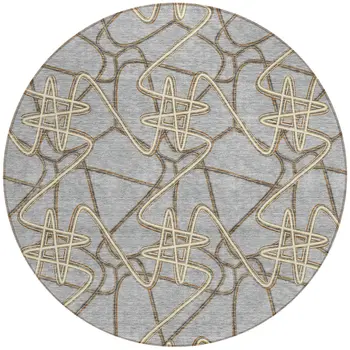 8' Gray Ivory And Gold Round Geometric Washable Indoor Outdoor Area Rug