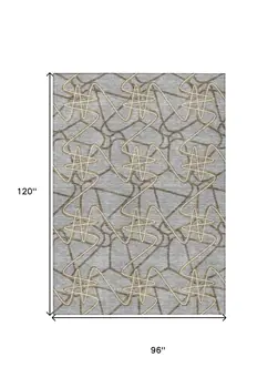 8' X 10' Gray Ivory And Gold Geometric Washable Indoor Outdoor Area Rug