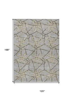 10' X 14' Gray Ivory And Gold Geometric Washable Indoor Outdoor Area Rug