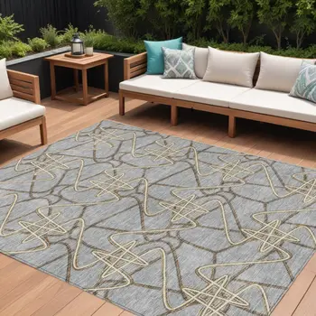 10' X 14' Gray Ivory And Gold Geometric Washable Indoor Outdoor Area Rug