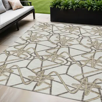 5' X 8' Ivory Charcoal And Gold Geometric Washable Indoor Outdoor Area Rug