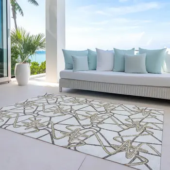 5' X 8' Ivory Charcoal And Gold Geometric Washable Indoor Outdoor Area Rug