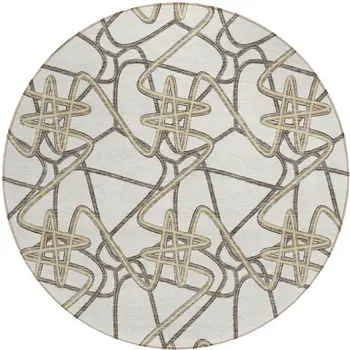 8' Ivory Charcoal And Gold Round Geometric Washable Indoor Outdoor Area Rug
