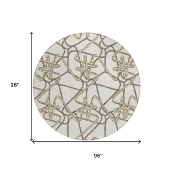8' Ivory Charcoal And Gold Round Geometric Washable Indoor Outdoor Area Rug