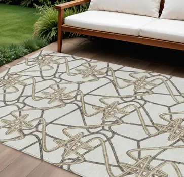 10' X 14' Ivory Charcoal And Gold Geometric Washable Indoor Outdoor Area Rug