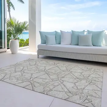 5' X 8' Beige Ivory And Gray Geometric Washable Indoor Outdoor Area Rug